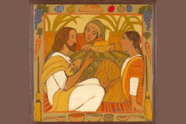 Religious artwork of Mary, Matha, and Jesus