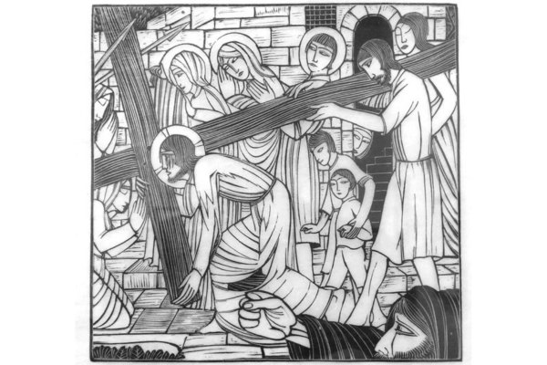 Black and white illustration of a biblical scene showing figures with halos carrying a cross along a cobbled path, conveying somber and reverent tones.