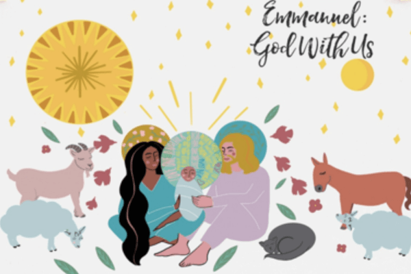 Illustrated nativity-style scene with Mary and Joseph sitting and holding baby Jesus, all with stylized halos, surrounded by sheep, a goat, a donkey, a cat, flowers, and abstract sun shapes, with the hand-lettered text “Emmanuel: God With Us” in the upper right.