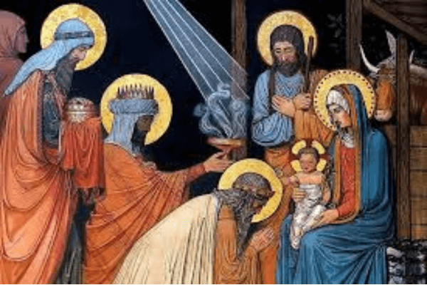 A painting of the Nativity Scene with the three Wise men bowing down to baby Jesus and presenting him with gifts, set against a black background.