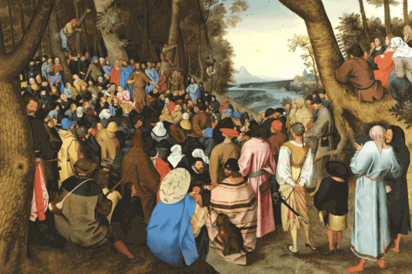 Crowd gathered in a forest listening to a central figure preaching, with people in colorful 16th‑century clothing and a river landscape in the background.