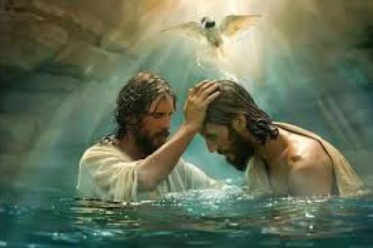 Oil painting of Jesus performing a Baptism with a white dove flying overhead