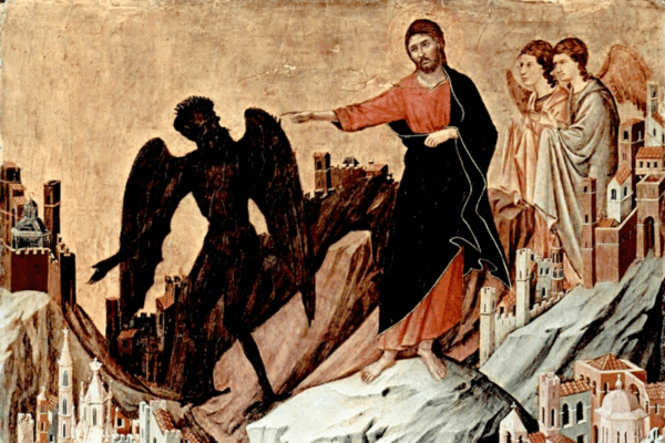 A painting of a super-sized Jesus standing on top of a rock amongst a miniature city, backed by two figures, one with wings, pointing accusatorially at a thin, black winged figure.