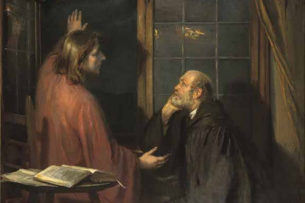 A dimly lit interior painting shows a robed figure with long hair gesturing as an elderly bearded man kneels beside a window at night, with an open book on a table in the foreground and curtains framing the scene.