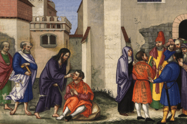 A medieval-style painting of Jesus touching the face of a seated man in orange robes in a city street, with disciples and onlookers gathered around.