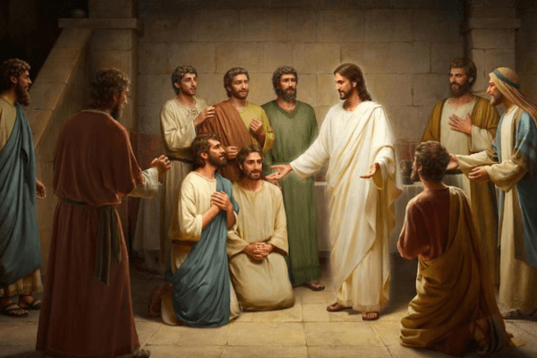 Jesus in a room surrounded by his apostles.