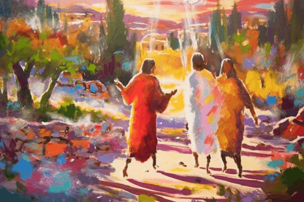 A vivid, impressionistic painting shows three robed figures walking along a sunlit path through a colorful landscape, likely depicting the biblical road to Emmaus. One figure wears white and glows at the center, flanked by two figures in red and orange, while trees, stones, and bright pink, purple, gold, and green brushstrokes fill the scene beneath a radiant sky with a dove-like form overhead.