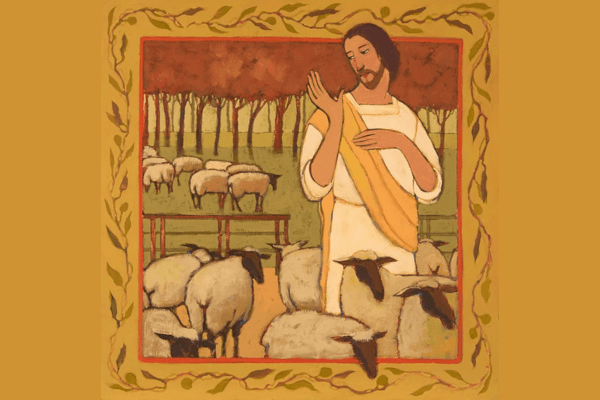 A flat painting of Jesus wearing a yellow sash, waving to sheep.