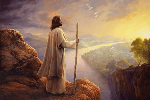 A painting of Jesus, standing on the edge of a cliff in the left side of the painting, dressed in a white shawl holding a staff as he over looks the river valley below. The canvas becomes softly effused with gentle golden light towards the right. Two doves fly overhead.