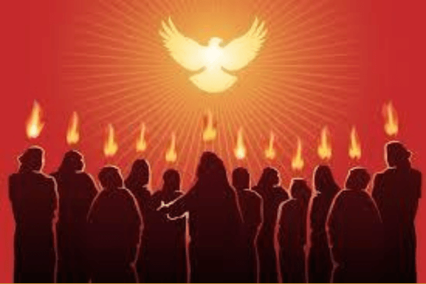 A stylized religious image shows a glowing white dove radiating light above a group of dark human silhouettes, each topped with a small flame, against a vivid red-orange background.