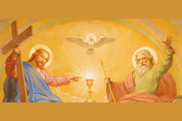 A religious image painting of the Holy Trinity with Jesus to the left holding a wooden cross, God the Father to the right, a Eucharist vessel in the middle, and a dove flying up above in the center, representing the Holy Spirit. The background is yellow.