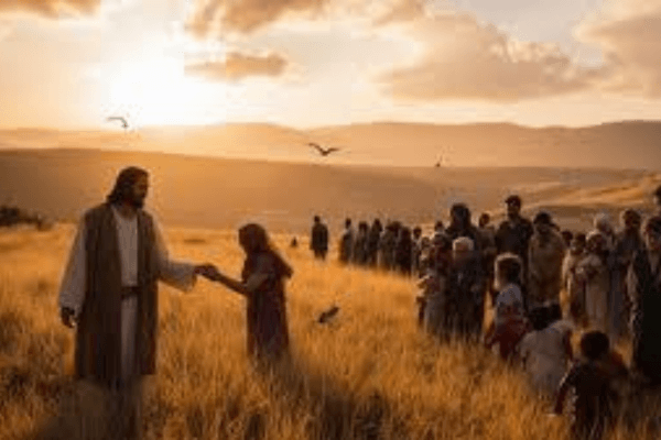 Horizon sunrise picture with a group of people in a field to the right, and Jesus holding out his hand to a small figure on the left.