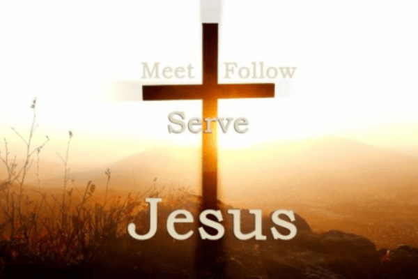 A silhouetted Crucifix set against a sunset horizon with the words "Meet Follow Serve Jesus"