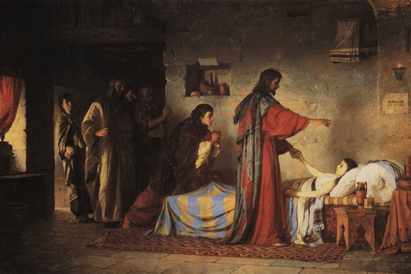 A cracked painting that starts shrouded in darkness on the left and gradually grows in light as the canvas moves rightward and we see Jesus in a red robe standing over a bed, holding the hand of an invalid child as he raises his other hand over their head to perform a miracle. Four male onlookers watch in amazement from the doorway on the left side of the painting as a mother prays over the end of the bed.