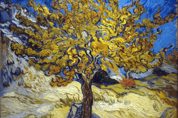 The painting "The Mulberry Tree" by Vincent van Gogh features thick impasto brushstrokes swirling to form the foliage of the trees, with muted greens and browns contrasting against diagonal strokes composing the grass and the bright blue of the sky.