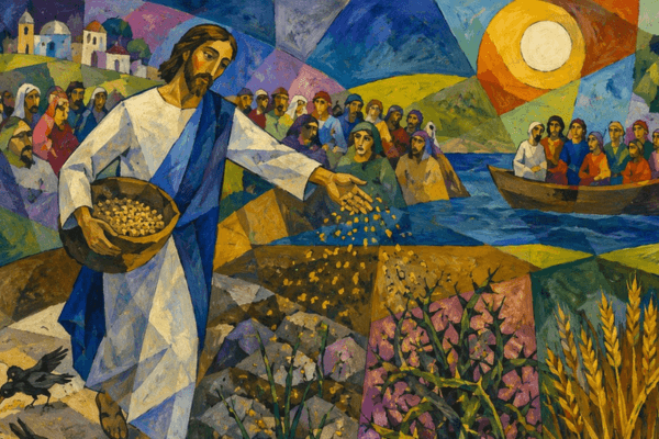 A colorful mosaic painting with Jesus to the left side holding a bowl of seeds and spreading them whilst a group on onlookers watch from behind him on the left and a boatful of people watch from the right.