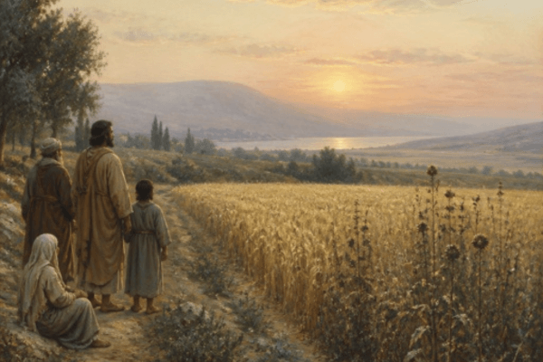 A serene, muted pastel landscape with a sunset in the background, overlooking a field. To the left of the frame, Jesus stands along with three other people. All of their backs are to us as they gaze at the sunset. Jesus holds hands with a small child to his right and a person to his left, and behind him sits a woman.