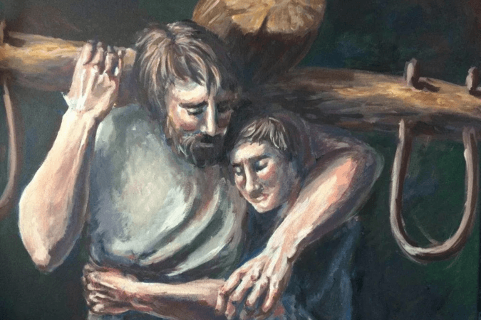 A painterly illustration depicts a bearded man carrying a large wooden crossbeam over his shoulder while embracing a young child. The child leans into him with eyes closed and a peaceful expression, and the man gently wraps one arm around the child in a protective hug. The dark, muted background draws attention to the intimate moment, emphasizing themes of comfort, compassion, and shared strength.