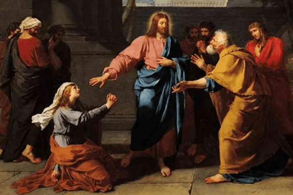 A biblical-style painting shows Jesus standing with several men as a kneeling woman reaches toward him; other figures watch from the shadows of a stone interior.