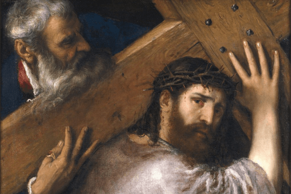 A painting of Jesus looking forlornly into the eye of the viewer as he carries a wooden cross over his head. A man with gray hair and a gray beard stands behind him resting his chin on the cross.
