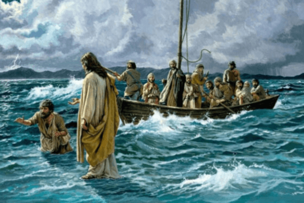 A painting depicting a stormy scene. The top one-third is gray clouds, separated from the cerulean water, which takes up the lower two-thirds of the canvas with a mountain border. Jesus stands to the left side of the painting, his back to the viewer at a three-quarter view as he holds his hand out to someone in the water. It appears Jesus is walking on water, as onlookers in front of him, in a small boat to the right, watch this miracle.