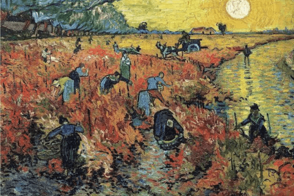 Van Gogh's The Red Vineyard — impressionist painting of grape harvesters in a red-toned vineyard beside a river at sunset.