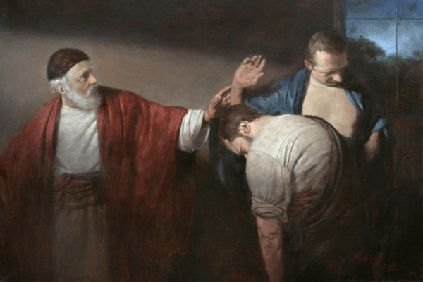 A dark painting. On the left-hand side, there is a man with a gray beard. His body is toward the viewer, but his face is turned towards two men to his left and the viewer's right-hand side. He's putting his hand on one man with a blue open robe baring his chest, who is looking away from him with his hand up, and another man slouched in front of both of them wearing a white shirt.