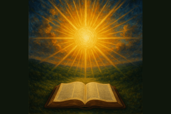 A painting of a glowing sky with a bright yellow orb in the center, shining down on an open Bible in the bottom of the frame.
