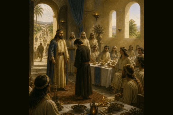 A historical religious painting of a man wearing a crown and regal robes on the left-hand side, and a man in front of him wearing humble brown robes bowing down, as they are watched by onlookers surrounding them.