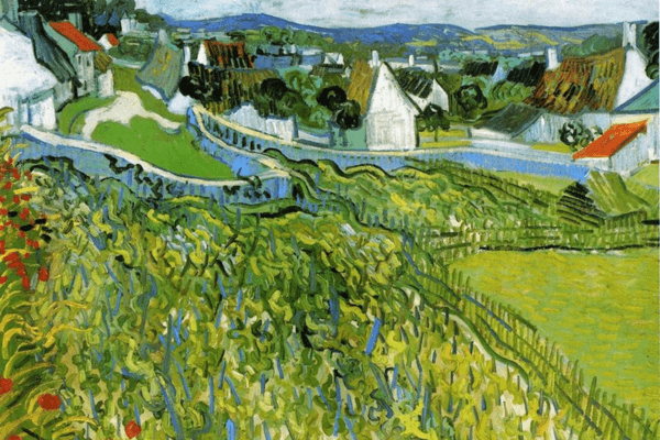 An impressionist style green landscape of a vineyard with houses in the distance.