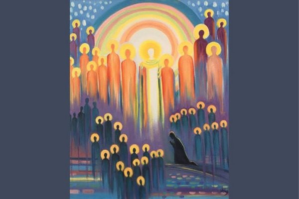 Painting of All Saints: a glowing white robed figure stands beneath a rainbow arch, surrounded by tall orange and red saints with golden halos; below, a crowd of dark blue haloed figures gathers on a purple ground as a lone figure kneels in prayer.